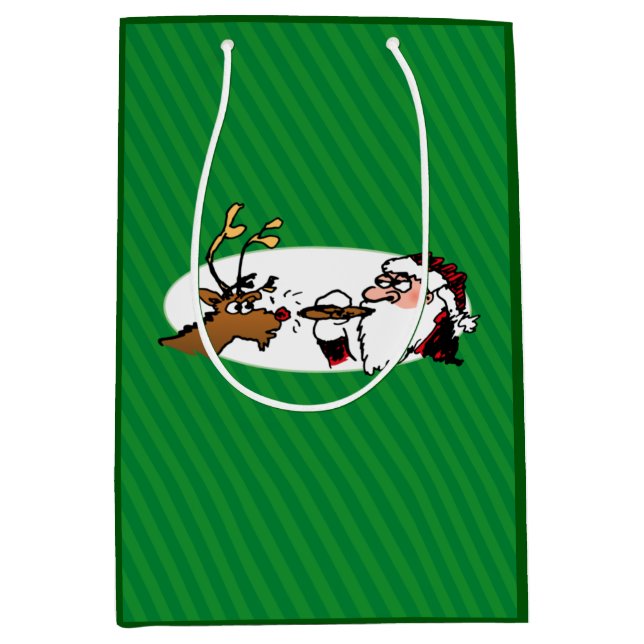Stogie Santa and Reindeer on Green Stripes Medium Gift Bag (Front)