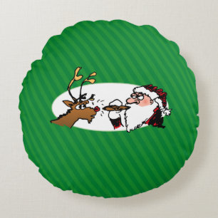 Stogie Santa and Reindeer on Green Stripes Round Cushion