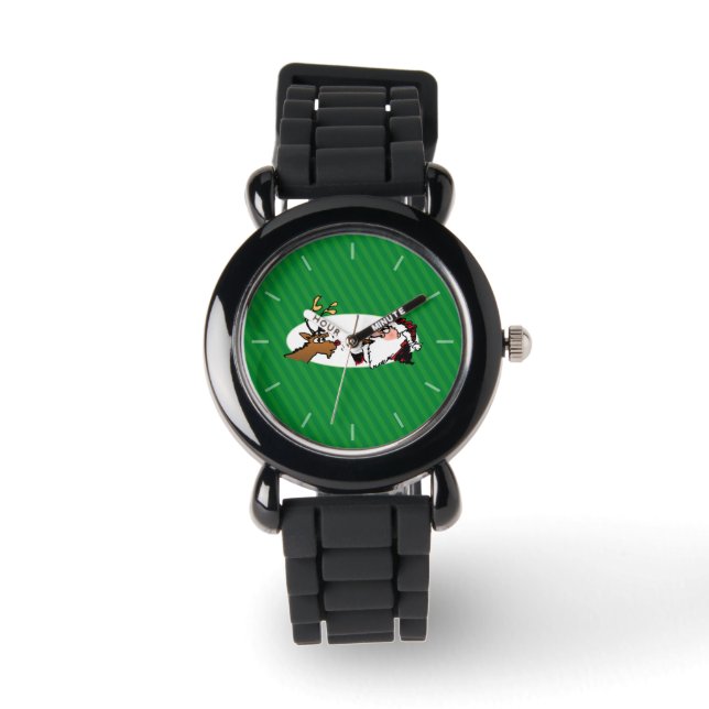 Stogie Santa and Reindeer on Green Stripes Watch (Front)