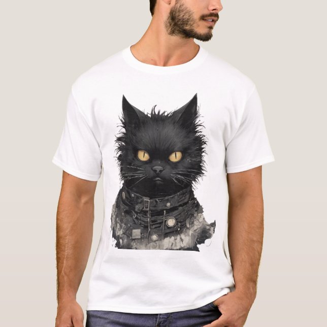 Stoic Black Cat with Golden Eyes T-Shirt (Front)