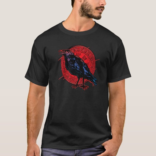 Stoic Raven With Shield  Norse Mythology T-Shirt (Front)