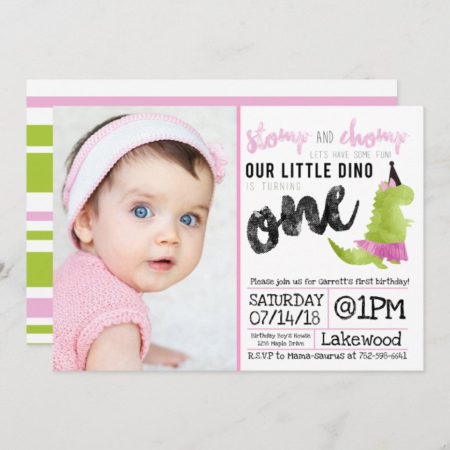 Stomp and Chomp Little Girl Dino Birthday Dinosaur Invitation (Front/Back)
