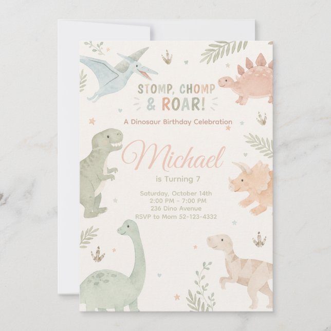 Stomp Chomp And Roar Dinosaur Invitation Editable (Front)