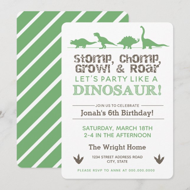 Stomp, Chomp Growl & Roar, Dinosaur Birthday Party Invitation (Front/Back)
