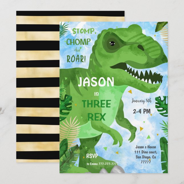 STOMP CHOMP Its Dinosaur Birthday Party  Invitation (Front/Back)