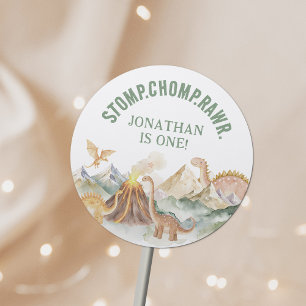 Stomp Chomp Rawr Boy Dinosaur 1st Birthday Party Classic Round Sticker