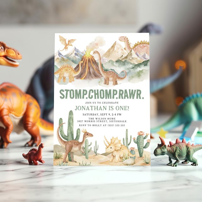 Stomp Chomp Rawr Boy Dinosaur 1st Birthday Party Invitation (Creator Uploaded)