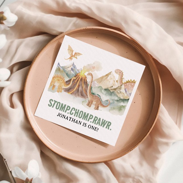 Stomp Chomp Rawr Boy Dinosaur 1st Birthday Party Napkin (Creator Uploaded)