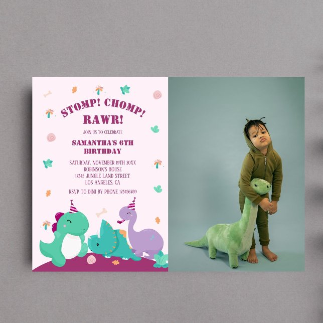 Stomp Chomp Rawr Cute Pink Dinosaur Birthday Photo Invitation (Creator Uploaded)