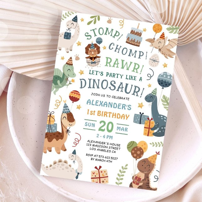 Stomp Chomp Rawr Dinosaur 1st Birthday Party Boy Invitation (Creator Uploaded)