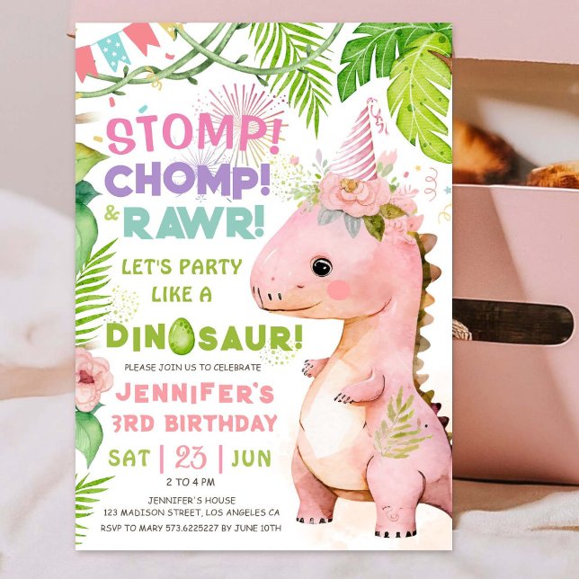 Stomp Chomp Rawr! Dinosaur 3rd Birthday Girl Pink Invitation (#DinosaurBirthdayInvitation #DinosaurBirthdayInvite #GirlDinosaurBirthdayInvitation
)
