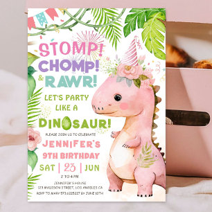 Stomp Chomp Rawr! Dinosaur 9th Birthday Girl Pink Invitation