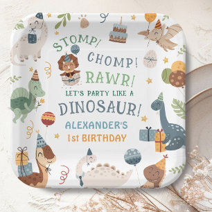 Stomp Chomp Rawr Dinosaur Boy 1st Birthday Paper Plate