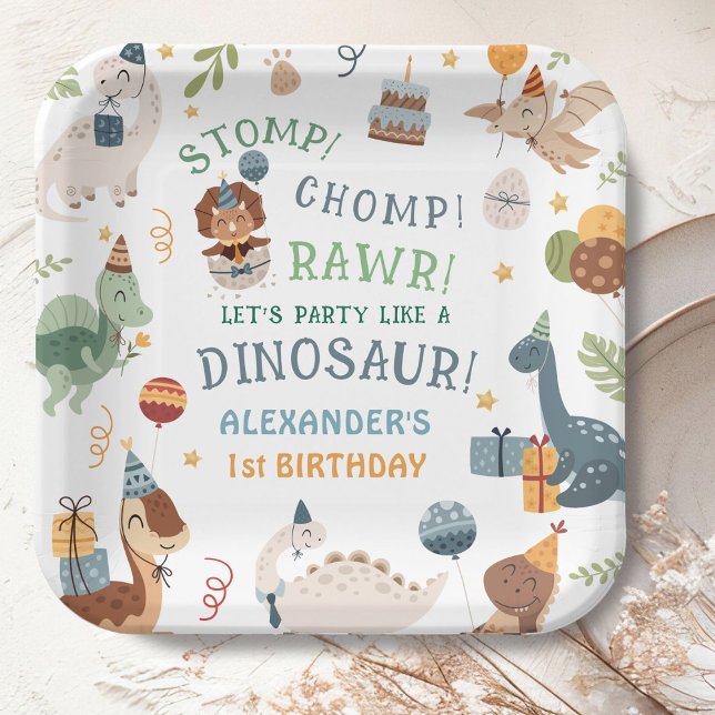 Stomp Chomp Rawr Dinosaur Boy 1st Birthday Paper Plate (Creator Uploaded)