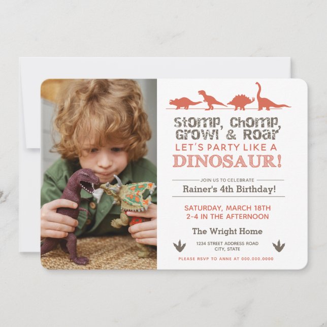Stomp Chomp ROAR Birthday Dinosaur Download Purple Invitation (Front)