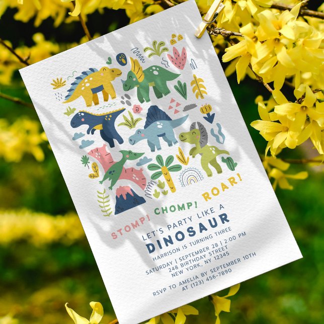 Stomp Chomp Roar Colourful Dino 3rd Birthday Invitation (Creator Uploaded)