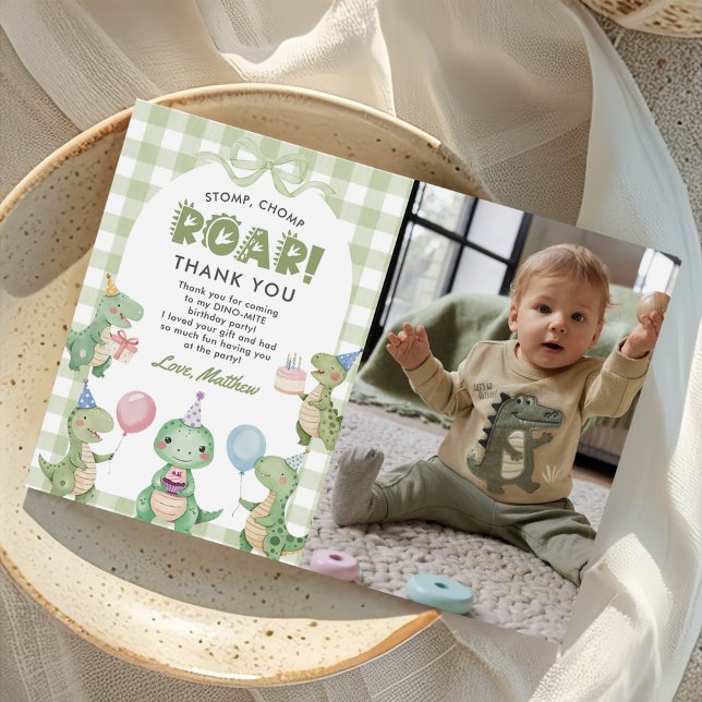 Stomp Chomp Roar Dinosaur 1st Birthday Photo Thank You Card (Creator Uploaded)