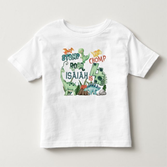Stomp Chomp Roar Dinosaur 4th Birthday Toddler T-Shirt (Front)