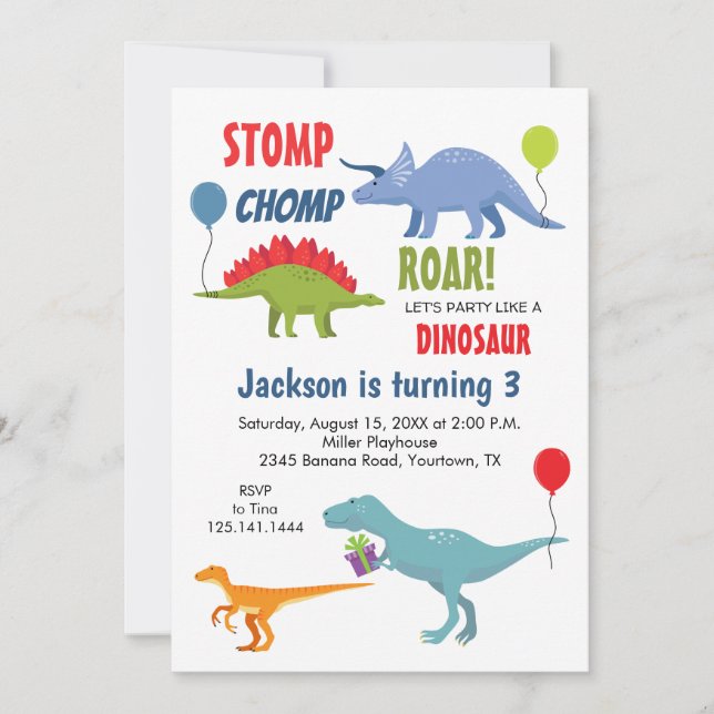 Stomp chomp roar Dinosaur Birthday Invitation (Front)
