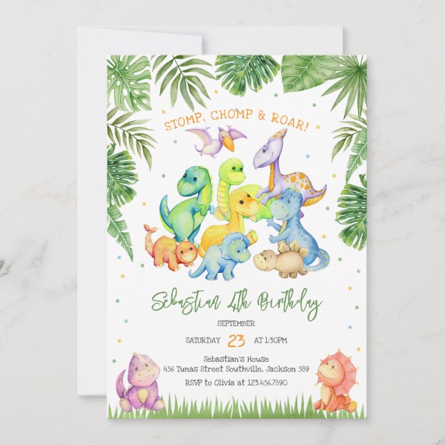 Stomp Chomp Roar Dinosaur Birthday Invitation (Front)