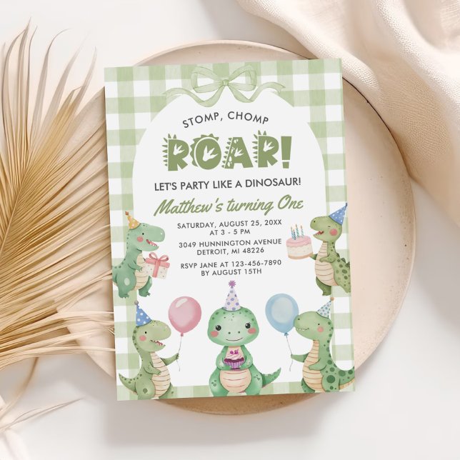 Stomp Chomp Roar Dinosaur Gingham 1st Birthday Invitation (Creator Uploaded)