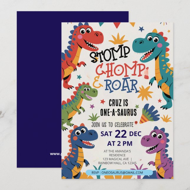 Stomp Chomp Roar dinosaur one a saurus birthday Invitation (Front/Back)