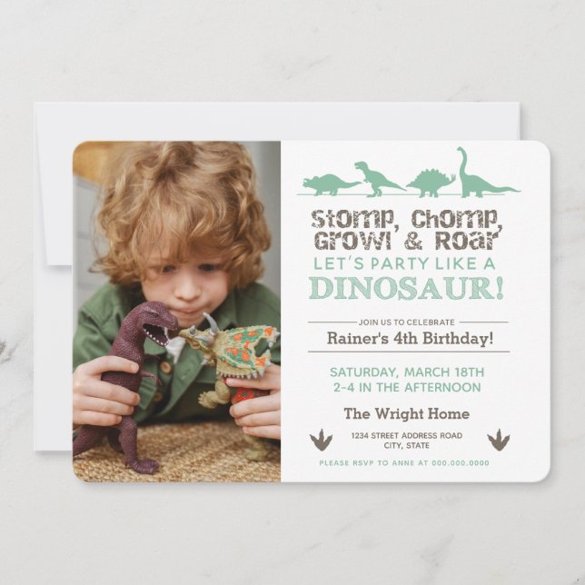 Stomp Chomp ROAR Dinosaur Photo Birthday Invitation (Front)
