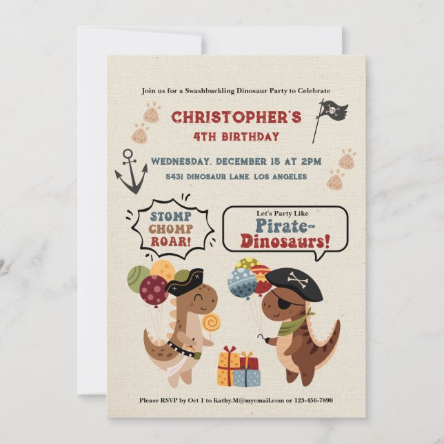 Stomp Chomp Roar Dinosaur Pirate Boy Birthday Invitation (Front)