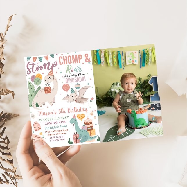 Stomp, Chomp & Roar Dinosaurs Birthday Photo Invitation (Creator Uploaded)