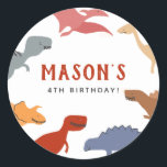 Stomp, Chomp & Roar! Dinosaurs Boy Birthday Party  Classic Round Sticker<br><div class="desc">A cute sticker to match our Stomp, Chomp & Roar! Dinosaurs Boy Birthday Party collection. This design features different dinosaurs in blue, yellow, orange, red, pink, green, grey, and brown. It can be used for favour bags, birthday presents, thank you cards, and more. Click on "Personalise this template" and fill...</div>