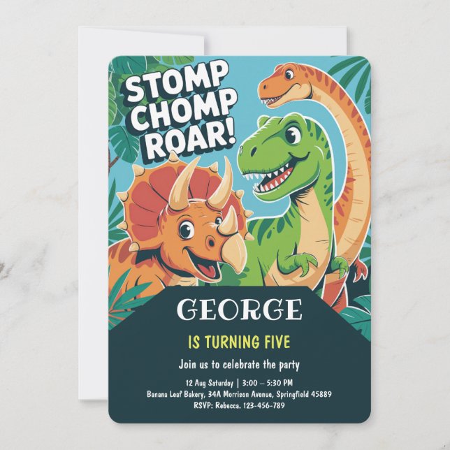 Stomp Chomp Roar | Fun Cute Dinosaurs 5th Birthday Invitation (Front)