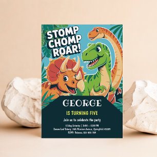 Stomp Chomp Roar Fun Dinosaur 5th Birthday Party Invitation