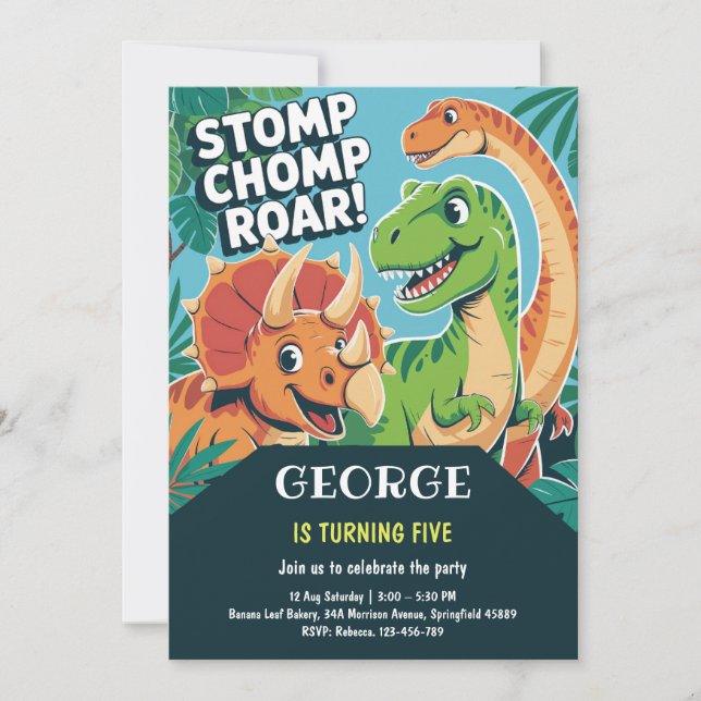 Stomp Chomp Roar Fun Dinosaur 5th Birthday Party Invitation (Front)