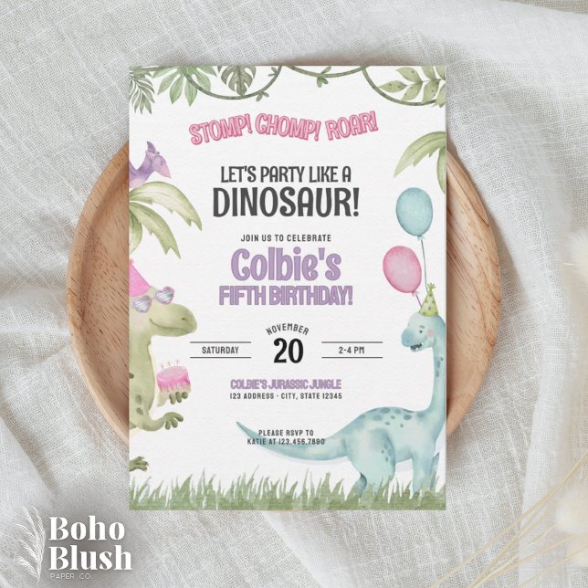 Stomp Chomp Roar Girl Dinosaur Birthday Invitation (Creator Uploaded)