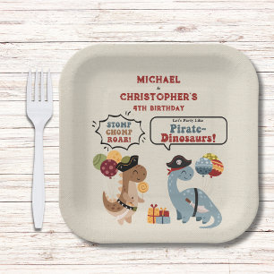 Stomp Chomp Roar Pirate Dinosaur Twin Boy Birthday Paper Plate