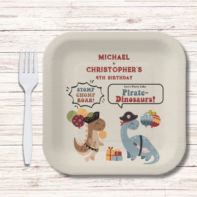 Stomp Chomp Roar Pirate Dinosaur Twin Boy Birthday Paper Plate (Chomp Stomp Roar for a Pirate Dinosaur Twin Boys Birthday Party & T-Rex and Brontosaurus as Pirates.)