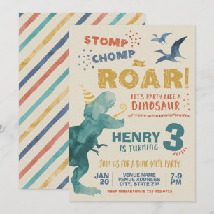 Stomp Chomp Roar Watercolor Dinosaur Birthday Invitation