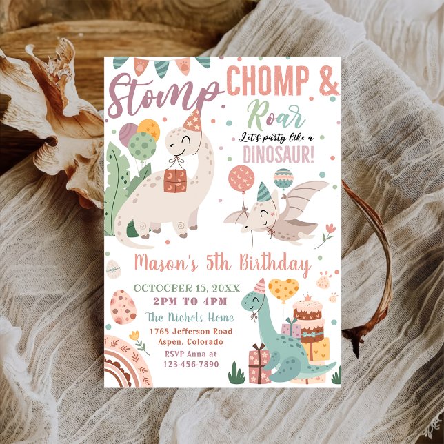 Stomp, Chomp & Roar Watercolor Dinosaurs Birthday Invitation (Creator Uploaded)