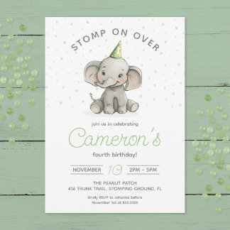 Stomp on Over, Cute Elephant kids birthday  Invitation