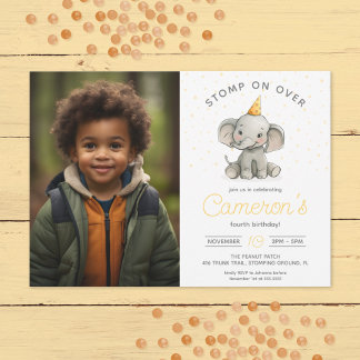 Stomp on Over, Cute Elephant kid's birthday photo Invitation