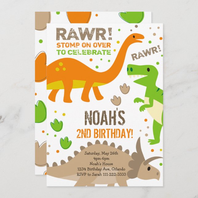 Stomp On Over Dinosaur Birthday Invitation (Front/Back)