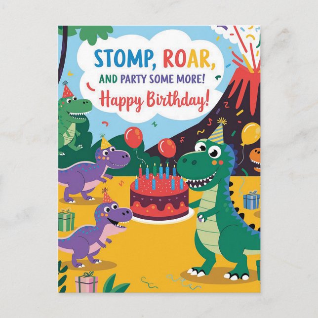 "Stomp, Roar & Party Some More- Dino Kids Design Postcard (Front)