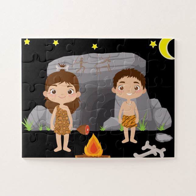 Stone Age Caveman Kids Under Night Sky Jigsaw Puzzle (Horizontal)