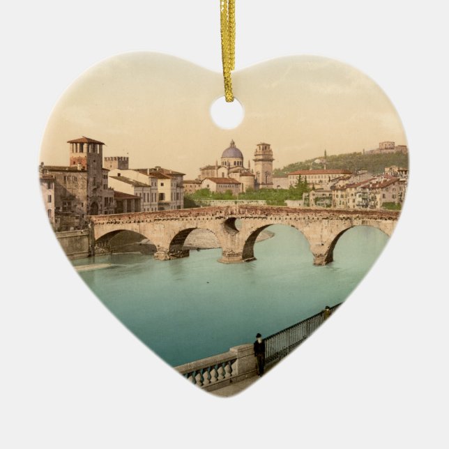 Stone Bridge and San Giorgio, Verona, Italy Ceramic Tree Decoration (Front)