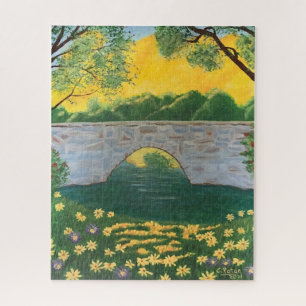 Stone Bridge Lake Flowers Yellow Sky Painting Jigsaw Puzzle