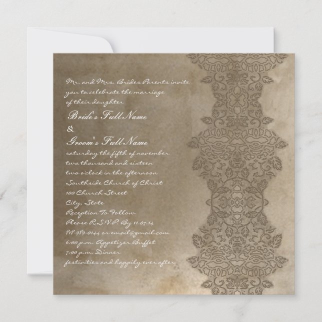 Stone Brown Vintage Damask Wedding Invitation (Front)