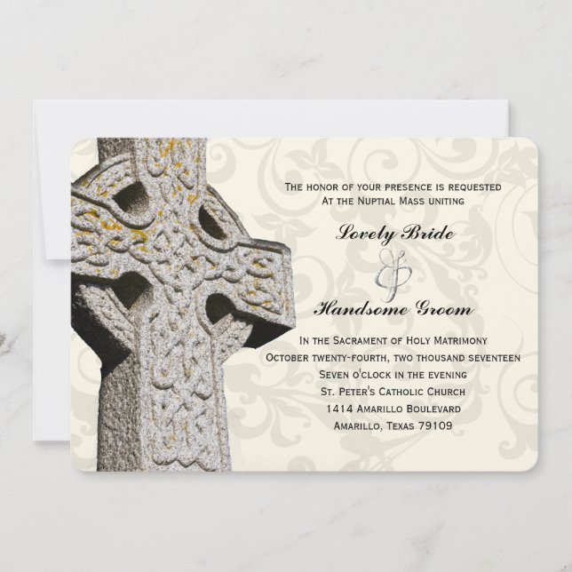 Stone Celtic Cross Catholic Wedding Invitation (Front)