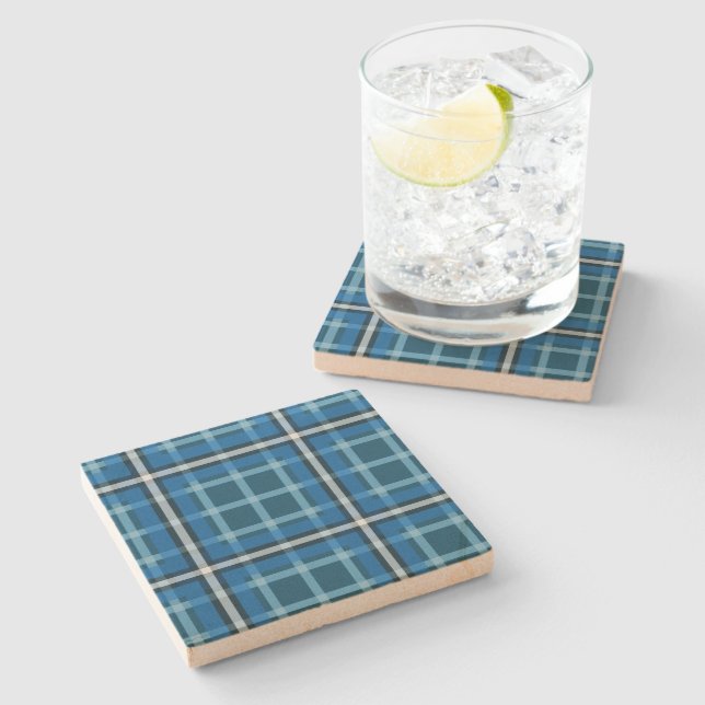 Stone Coaster Blue Tartan Plaid Check Pattern (Side)