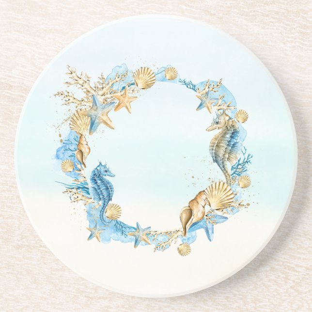Stone Coaster Seashell Beach Theme Blue, Tan, Aqua (Front)