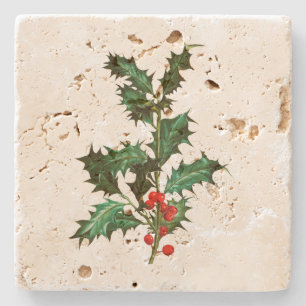 STONE COASTER : VINTAGE CHRISTMAS HOLLY